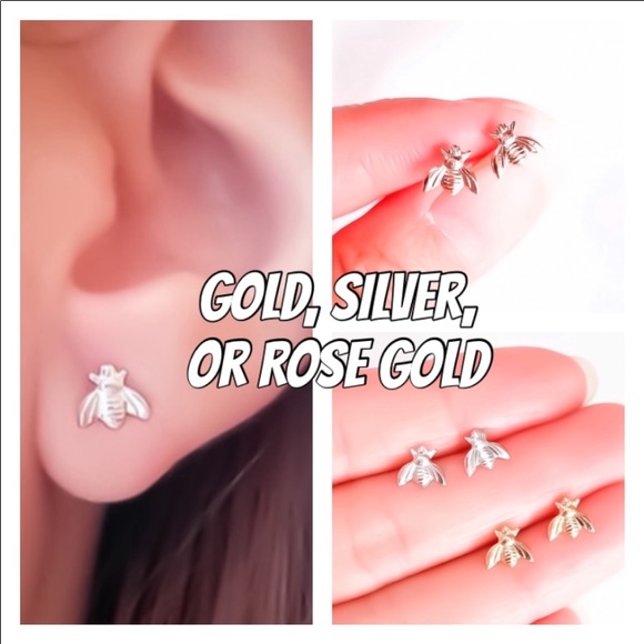 Tiny Honeybee Stud Earrings in 925 Sterling Silver, Gold, or Rose Gold Filled - Picture 1 of 15